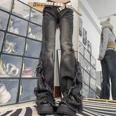 Aiertu - Women Gothic Baggy Flare Jeans Harajuku Y2k Aesthetic Denim Trousers Punk American Vintage 2000s Low Waist High Street Pants Aiertu