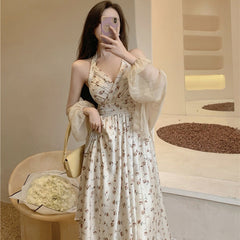 Aiertu Thin Hot Girl Summer Hanging Neck Type Broken Flowers In The Long Skirt Fairy Temperament French Accept Waist Dress-Outfit Ideas Aiertu