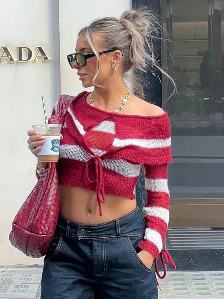 Aiertu - Knitted Sexy Off Shoulder Striped Women Sweater Red Long Sleeve Lace Up Sweater Female Autumn New Casual Streetwear Aiertu