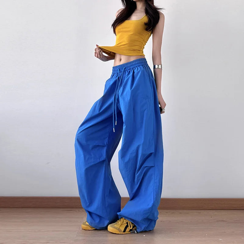 Aiertu - New sports wide-leg pants hiphop loose paratrooper retro pleated straight tooling casual pants Aiertu
