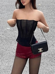 Aiertu - Summer Sexy 2Piece Set Women See Through Fishbone Mesh Strapless Tops+Mini Sequins Shorts Midnight Hottie Matching Suits Aiertu