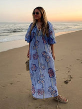 Aiertu - Casual Printed Long Dresses Loose Striped V Neck Half Lantern Sleeve Female Dress 2026 Summer Lady Holiday Beach Linen Robes Aiertu