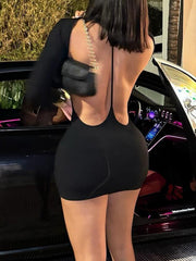 Aiertu - summer inspo Backless Chic Fashion Skinny Sexy Long Sleeve Short Dress Women Rave Baddie Clubwear Black Solid Party Dresses Aiertu
