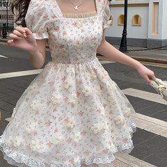 Aiertu Mini Dresses Women Tender Sweet Summer Puff Sleeve Princess Vestidos Elegant Ladies Vintage Prairie Chic Fashion Casual Aiertu