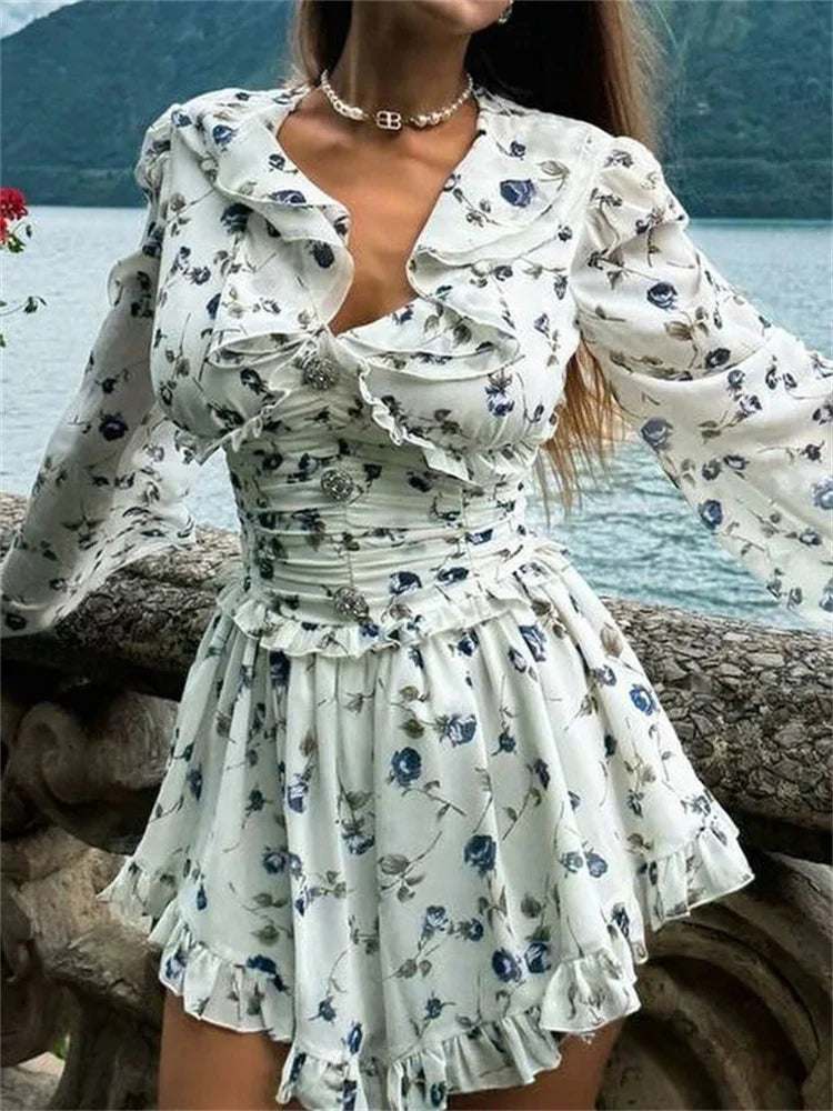 Aiertu - Ruffled V-Neck Printed Mini Dress Female Bandage Autumn Fashion Lace-Up Contrast Drawstring Dress For Women Party Dress Aiertu