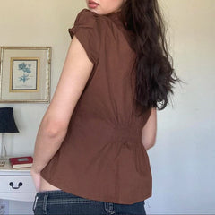 Aiertu - Fashion Chic Brown Summer Shirts Female Folds Slim-Waist Vintage Y2K Top Buttons Pleated Blouse Cropped Clothes Aiertu
