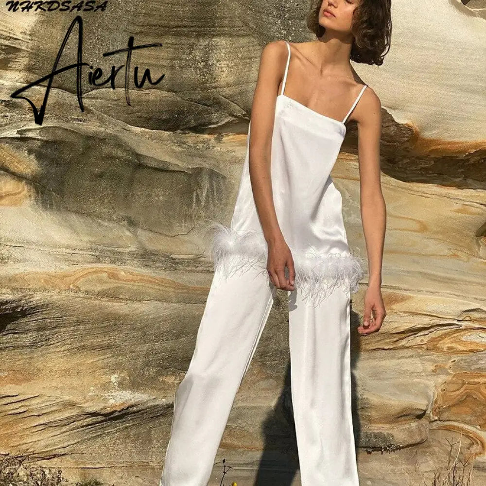 Feathers Sexy Sleepwear For Women Chic Satin Pajamas Set Loose Black Spaghetti Strap Home Suit White Trouser Suits Aiertu