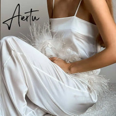 Feathers Sexy Sleepwear For Women Chic Satin Pajamas Set Loose Black Spaghetti Strap Home Suit White Trouser Suits Aiertu