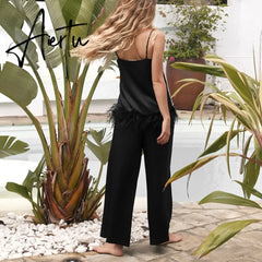 Feathers Sexy Sleepwear For Women Chic Satin Pajamas Set Loose Black Spaghetti Strap Home Suit White Trouser Suits Aiertu