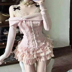 Aiertu - Sweet Korean High Street Draped Slash Neck Spliced Lace Design Women Jumpers American Moda Tiered Skirts Y2k 2000s 2 Piece Sets Aiertu