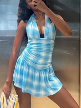 Aiertu - Puss Fashion Patchwork Mini Dress Women Halter Low-Neck Backless Sleeveless Y2K Sweet Style Trend Ruched Elegant Outfits Aiertu