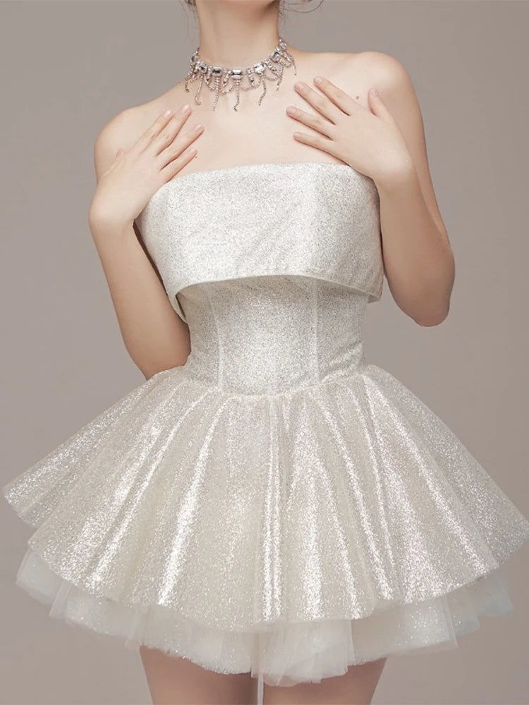 Aiertu - Women's White A-line Evening Dress Vintage Off Shoulder Mini Luxury Dresses Y2k Party Club One Piece Frocks 2000s Clothes Aiertu