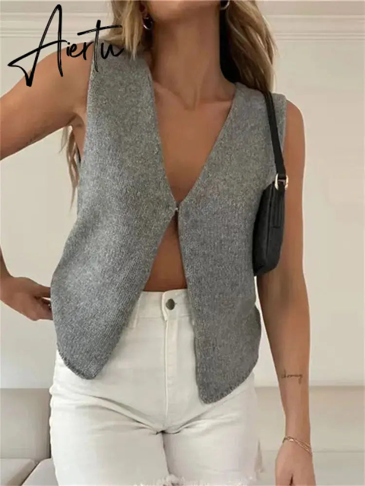 Female Hollow Out Knit Cardigan Sexy Sleeveless Baggy High Street Tank Top Summer V-Neck Slim Fashion Women Vest Y2k Top Aiertu