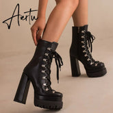 Female Platform Boots Lace Up Super High Chuinky Heel Ankle Boots Fashion Shoes Woman Autumn Winter Hot Sale Brand New Aiertu