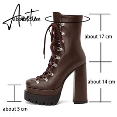 Female Platform Boots Lace Up Super High Chuinky Heel Ankle Boots Fashion Shoes Woman Autumn Winter Hot Sale Brand New Aiertu