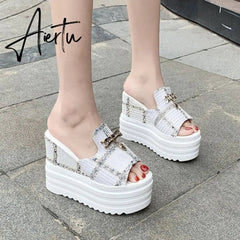 Female Slates Wedge Super High Heels Flip Flops On The Platform Beach Designer Slides Summer Sandals Aiertu