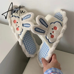Female Spring and Summer Cute Girl Heart Rabbit Linen Sandals Student Home Bedroom Four Seasons Mute Cotton Linen Women Slipper Aiertu