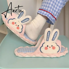 Female Spring and Summer Cute Girl Heart Rabbit Linen Sandals Student Home Bedroom Four Seasons Mute Cotton Linen Women Slipper Aiertu