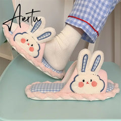 Female Spring and Summer Cute Girl Heart Rabbit Linen Sandals Student Home Bedroom Four Seasons Mute Cotton Linen Women Slipper Aiertu