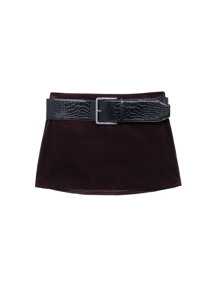 Aiertu - Women Fashion With Belt Wine Red Side Zipper Mini Skirt Vintage High Waist Female Chic Lady Skirts Aiertu