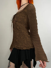 Aiertu - layered look inspo Brown Sexy Pleated Long Sleeve T-Shirt for Women Square Neck Semi-see-through Casual Aesthetic Vintage Tops Y2k Clothes Aiertu