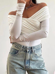 Aiertu - summer inspo Black Solid Off Shoulder Cross Elegant Sexy Slim Long Sleeve T-Shirt Women White Basic Cropped Tee Aiertu