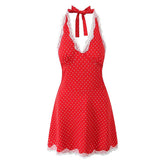 Aiertu - Sexy Backless Lace Patchwork Halter Dress For Women A-line Mini Holiday Summer Dresses French Style Polka Dot Short Robe Aiertu