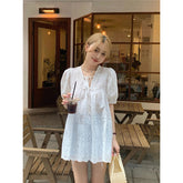 Aiertu Sweet White Blouses Women Elegant Hollow Out Lace Up Shirts Summer Streetwear Korean Puff Sleeve Baggy Casual Chic Tops Aiertu