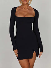 Aiertu - summer inspo Backless Lace-Up Slim Sexy Black Short Dress Women Square Collar Solid Split Elegant Basic Long Sleeve Baddie Clubwear Aiertu