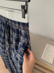 Aiertu - Vintage Plaid Wide Leg Pant Women Drawstring Patchwork High Waist Loose Trouser Spring New Fashion Simple Casual Pants 2025 Aiertu