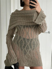 Aiertu - Knitted Mini Dress For Women Slim Rib High Waist Flare Sleeve Dresses Femme Autumn Winter Bodycon Sexy Dress Woman Aiertu
