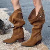 Aiertu - Designer Pointed Toe Western Cowboy Boots Women Chunky Heel Retro Belt Buckle Knight Boots Fashion Mujer Luxury Long Botas New Aiertu