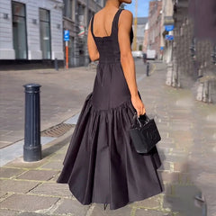 Aiertu - Maxi Dress Women Summer Casual Fashion Square Neck Print Suspender Sleeveless Pleated Backless Party Maxi Dresses Aiertu
