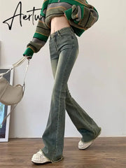 Flare Jeans Women Skinny High Waist Aesthetic Y2k Clothes Denim Trousers Vintage Washed Retro Mopping Korean Fashion Street New Aiertu