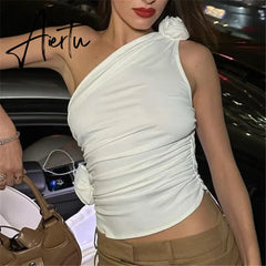 Floral Applique Sexy Crop Tops for Women Summer Club Party Irregular Y2K Tank Tops White Sleeveless Ruched Elegant Aiertu