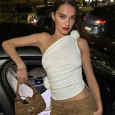 Floral Applique Sexy Crop Tops for Women Summer Club Party Irregular Y2K Tank Tops White Sleeveless Ruched Elegant Aiertu