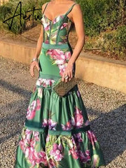 Floral Print Mermaid Dress Women Tunic Long Beach Cover Up Maxi Beach Wear Pareos De Playa Mujer Women Elegant Party Dress Aiertu