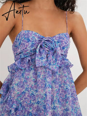 Floral Print Spaghetti Strap Fairy Y2K Mini Dresses for Women Club Sexy 3D Flower Ruffles V-neck Short Dress Aiertu