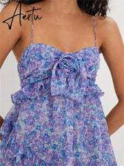 Floral Print Spaghetti Strap Fairy Y2K Mini Dresses for Women Club Sexy 3D Flower Ruffles V-neck Short Dress Aiertu