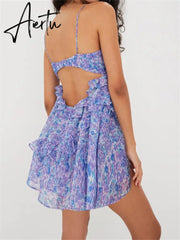 Floral Print Spaghetti Strap Fairy Y2K Mini Dresses for Women Club Sexy 3D Flower Ruffles V-neck Short Dress Aiertu