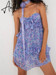 Floral Print Spaghetti Strap Fairy Y2K Mini Dresses for Women Club Sexy 3D Flower Ruffles V-neck Short Dress Aiertu