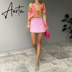 Floral Print Y2K Long Sleeve Crop Top Women V Neck Ruffles Spring Summer Beach Party 90S Sexy T Shirts Vintage Aiertu