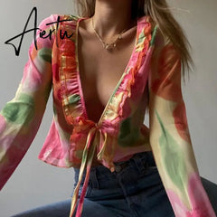Floral Print Y2K Long Sleeve Crop Top Women V Neck Ruffles Spring Summer Beach Party 90S Sexy T Shirts Vintage Aiertu