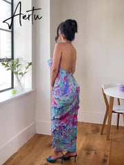 Floral Printed Flounced Edge Halter Dresses Female Neck Lace Up Trumpet Slim Vestidos Women Fashion Elegant Party Banquet Robes Aiertu