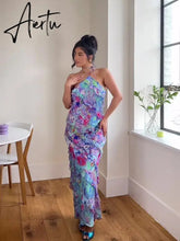 Floral Printed Flounced Edge Halter Dresses Female Neck Lace Up Trumpet Slim Vestidos Women Fashion Elegant Party Banquet Robes Aiertu