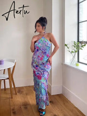 Floral Printed Flounced Edge Halter Dresses Female Neck Lace Up Trumpet Slim Vestidos Women Fashion Elegant Party Banquet Robes Aiertu