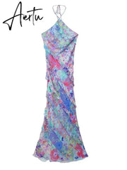 Floral Printed Flounced Edge Halter Dresses Female Neck Lace Up Trumpet Slim Vestidos Women Fashion Elegant Party Banquet Robes Aiertu