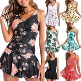 Floral Printed Women Swimdress Swimsuit V-neck Spaghetti Strap Padded With Shorts Boho Swimdress Beach Dress Woman Swimwear Aiertu