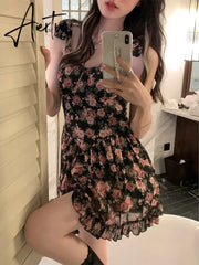 Floral Spaghetti Strap Dress Women's Summer French Short Dress A-LineBow Tie High Waist Sweet Sexy Beach Dress Sundress Aiertu