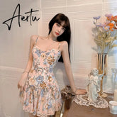 Floral Strap Dress Backless High Waist Slim Pleated French Vintage Corset Slip Dress Women Summer Short Beach Dress Femme Robe Aiertu
